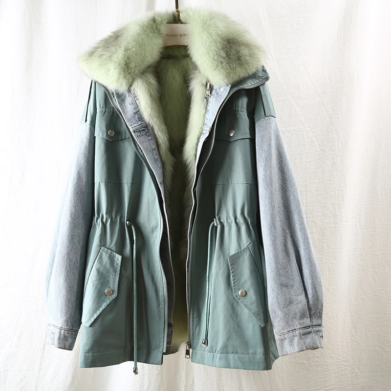 2021 зимняя теплая куртка повседневная Стиль с отделкой из джинсовой ткани в стиле