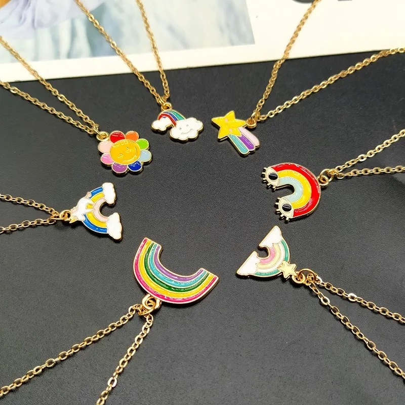 2021 New Fashion Summer Necklace Golden Color Rainbow Pendant Necklace Smiling Face Cute Lovely Neck Jewelry Gift For Friend