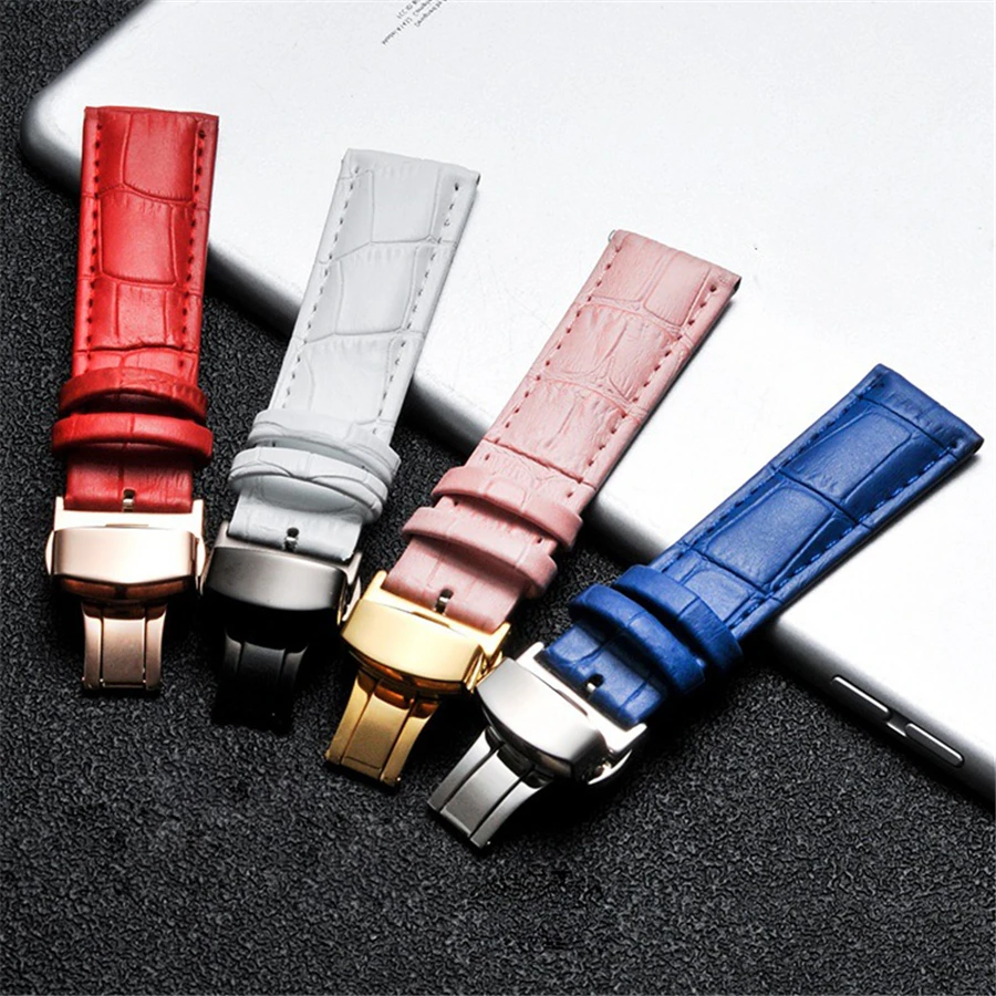 14mm 15mm 16mm 17mm 18mm 19/20/21/22/24 mm Colorful Butterfly Clasp Watchband Genuine Leather Watch Band Strap Stainless Steel | Наручные