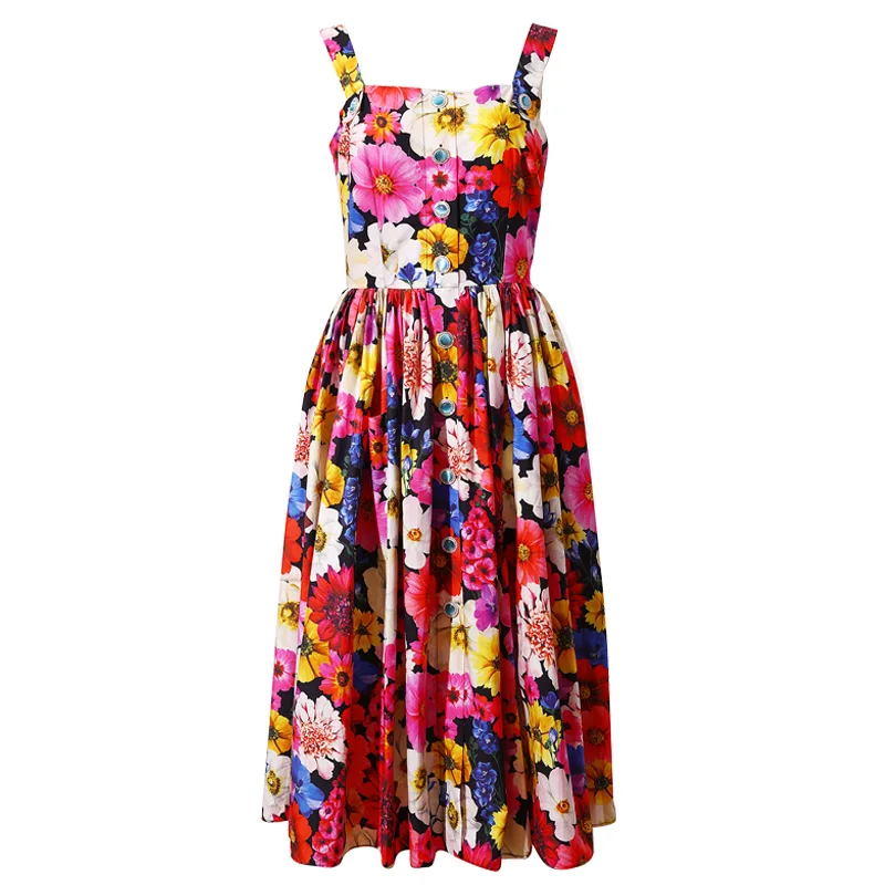 

Women's Dress 100% Cotton Fashion Runway Print Button Spaghetti Vacation Sling Dress Spring Summer 2022