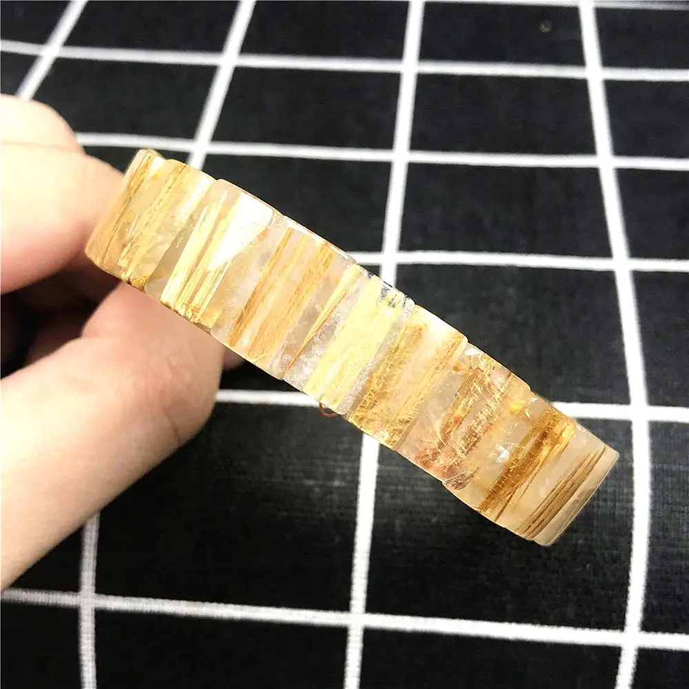 

Top Natural Gold Rutilated Bangle Bracelet Jewelry For Woman Men Brazil 15x9mm Rectangle Beads Titanium Stretch Bracelet AAAAA