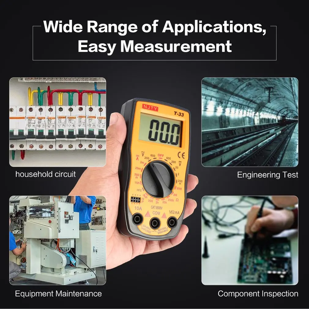 NJTY T-33 Digital Multimeter DC/AC Voltage Current Meter Mini Ammeter Ohm Diode HFE Continuity Tester 2000 Counts Multitester |