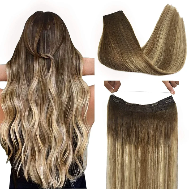 

Fish Line Human Hair Extension Straight Halo Hair Extensions Invisible Hidden Wire Hair Extensions Ombre Blonde Golden Remy Hair