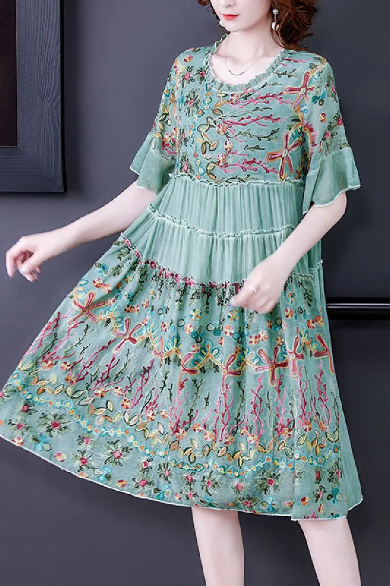 

COIGARSAM Women Dress Summer 2021 New Vintage Short Sleeve Embroidery O-Neck Pink Green Khaki Dresses Traf Robe Vestidos