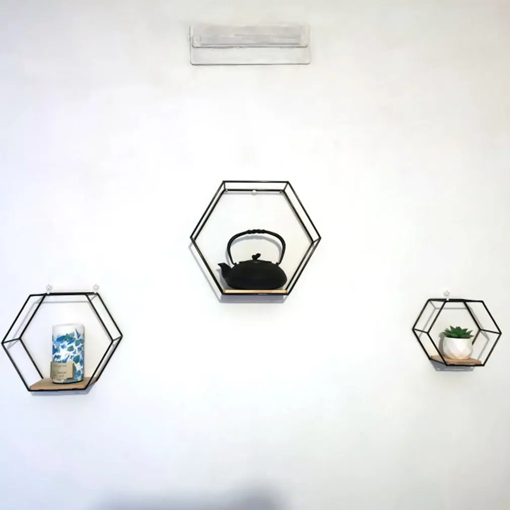 

Nordic Hexagonal Iron Stand Small Pot Wall Holder Home Shelf Storage Holder Metal Decorative Photo Wall Rack Decorative Shelves