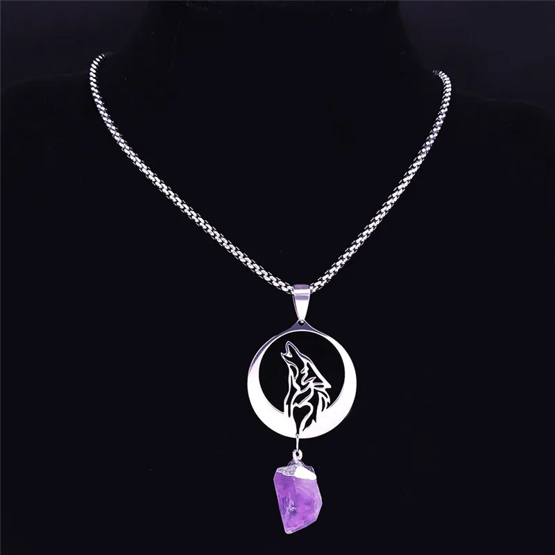 Moon Wolf Natural Purple Crystal Stainless Steel Necklace Animal Pendant Necklace Women/Men Jewelry cadenas mujer N3121S02
