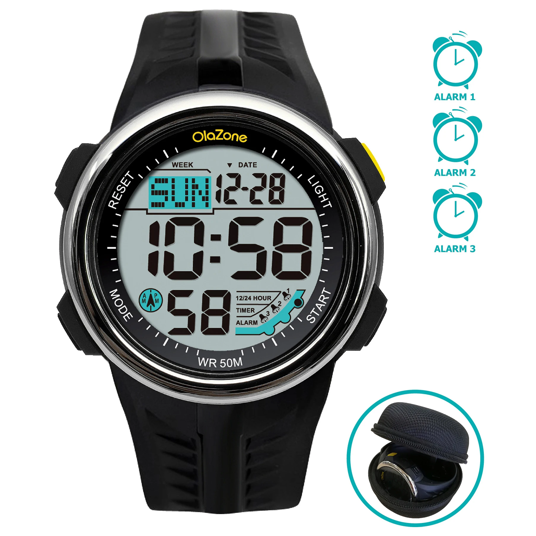 Digital Watch for Mens Teen Boys Sports Water Resistant 60 Lap 3 Alarm Stopwatch Dual Time Black Watch Age 15-20