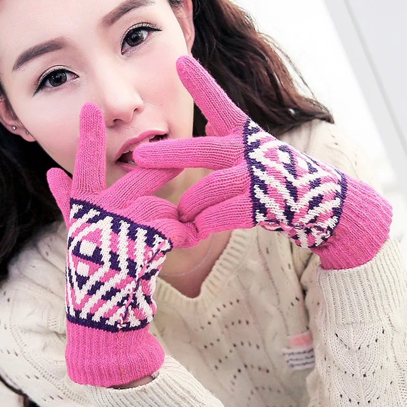 

New female color outdoor winter new ladies fashion riding warm knitted wool full finger gloves B71