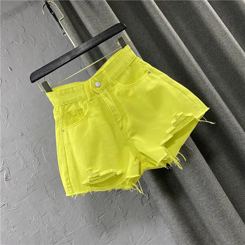 Summer Sexy Women Candy Color Denim Shorts Fashion Ladies Green A-shaped Ripped Jeans Hot Short Pants Korean Style Streetwear