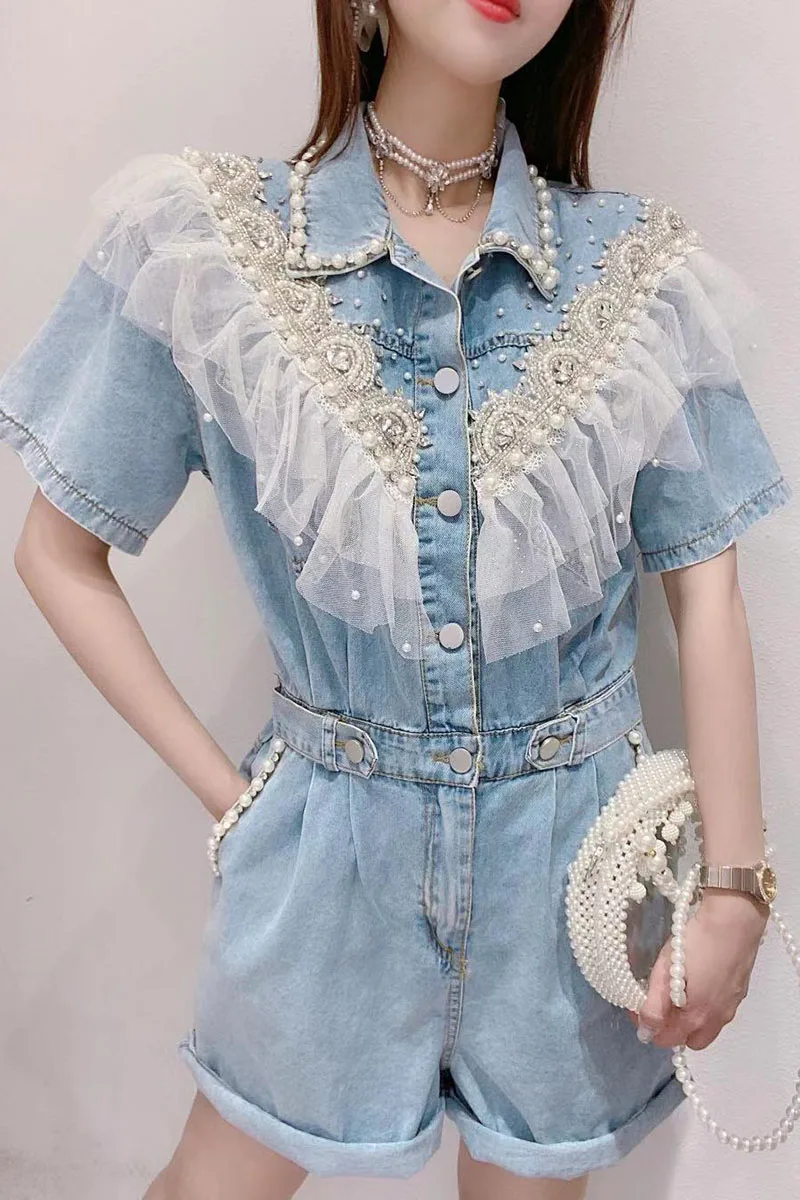 

2021 Summer Women Jeans Jumpsuits Korean Style Elegance Beads Lace Stitching Short Sleeve Rompers Loose Wide Leg Denim Shorts