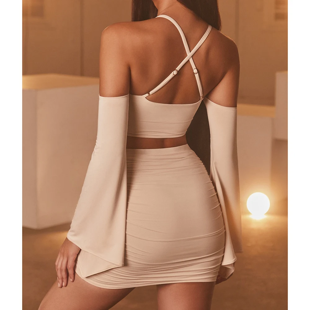

Summer Sexy Trumpet Long Sleeve Lace Up Open Back Top and Slim Bag Hip Skirt Fashion Street Two Piece Women's Clothing