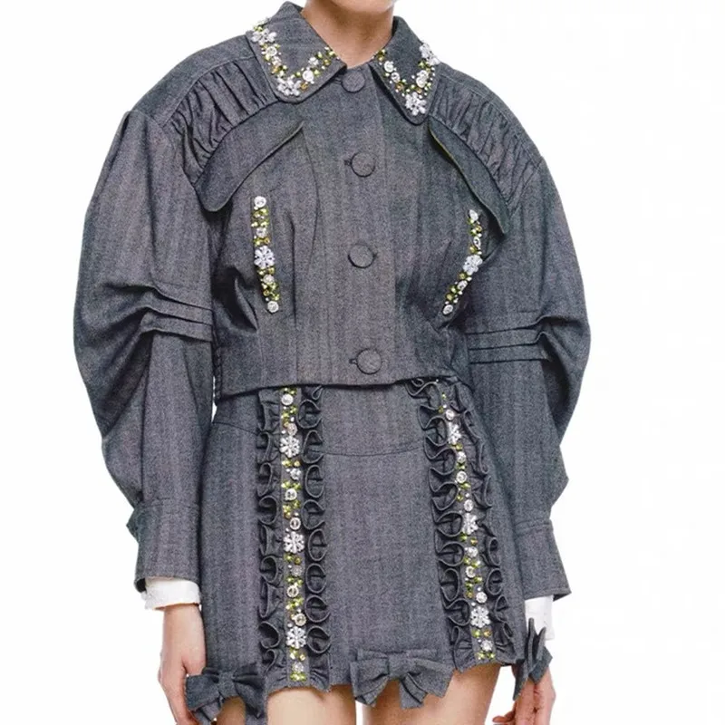 

Korean Fashion Crystal Beading Two Piece Set 2021 Autumn Women Elegant Ruffles Short Wool Jacket +mini Skirt Set Female
