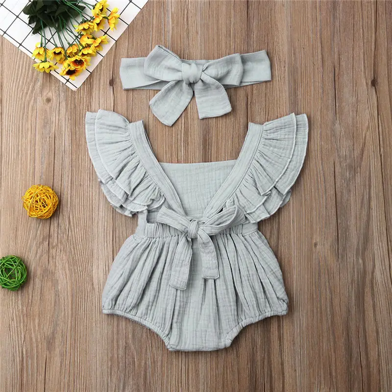

Newborn Baby Girls Bodysuit Infant Cotton Linen Clothes Ruffles Fly Sleeve Jumpsuit Toddler Solid Bodysuit+Headband Outfit 0-2T
