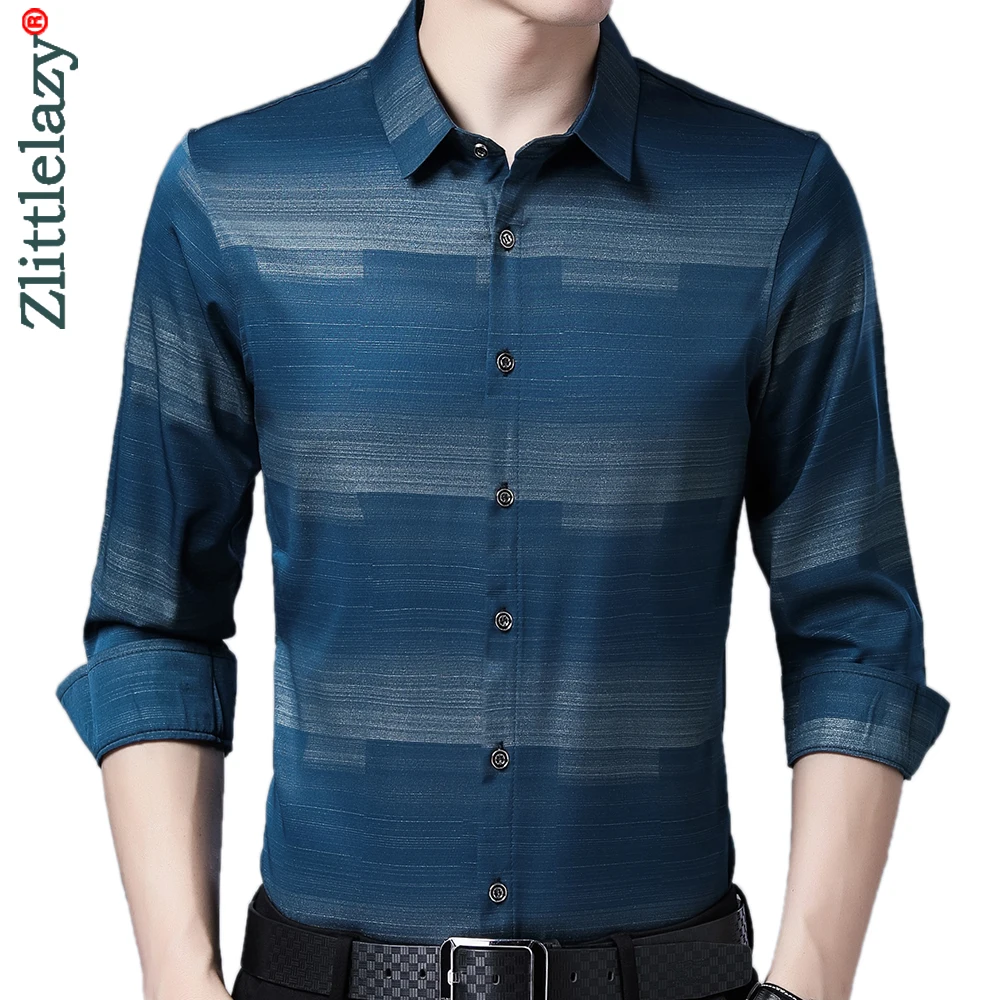 

2021 New Long Sleeve Men Formal Social Shirt Streetwear Casual Striped Shirts Dress Mens Slim Regular Fit Clothes Fashions 90872