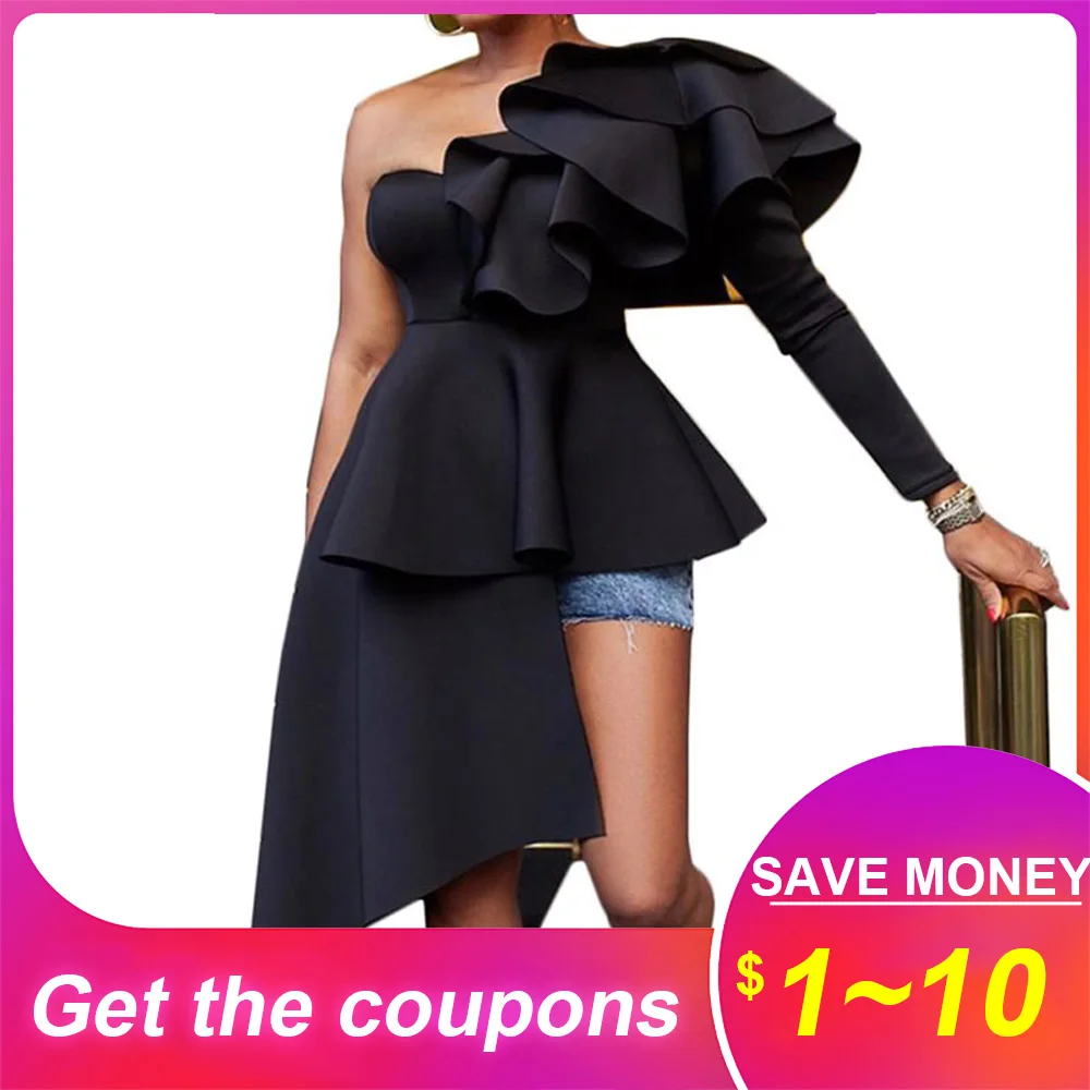 Женская Длинная блузка в африканском стиле с рюшами и воротником-косой черные