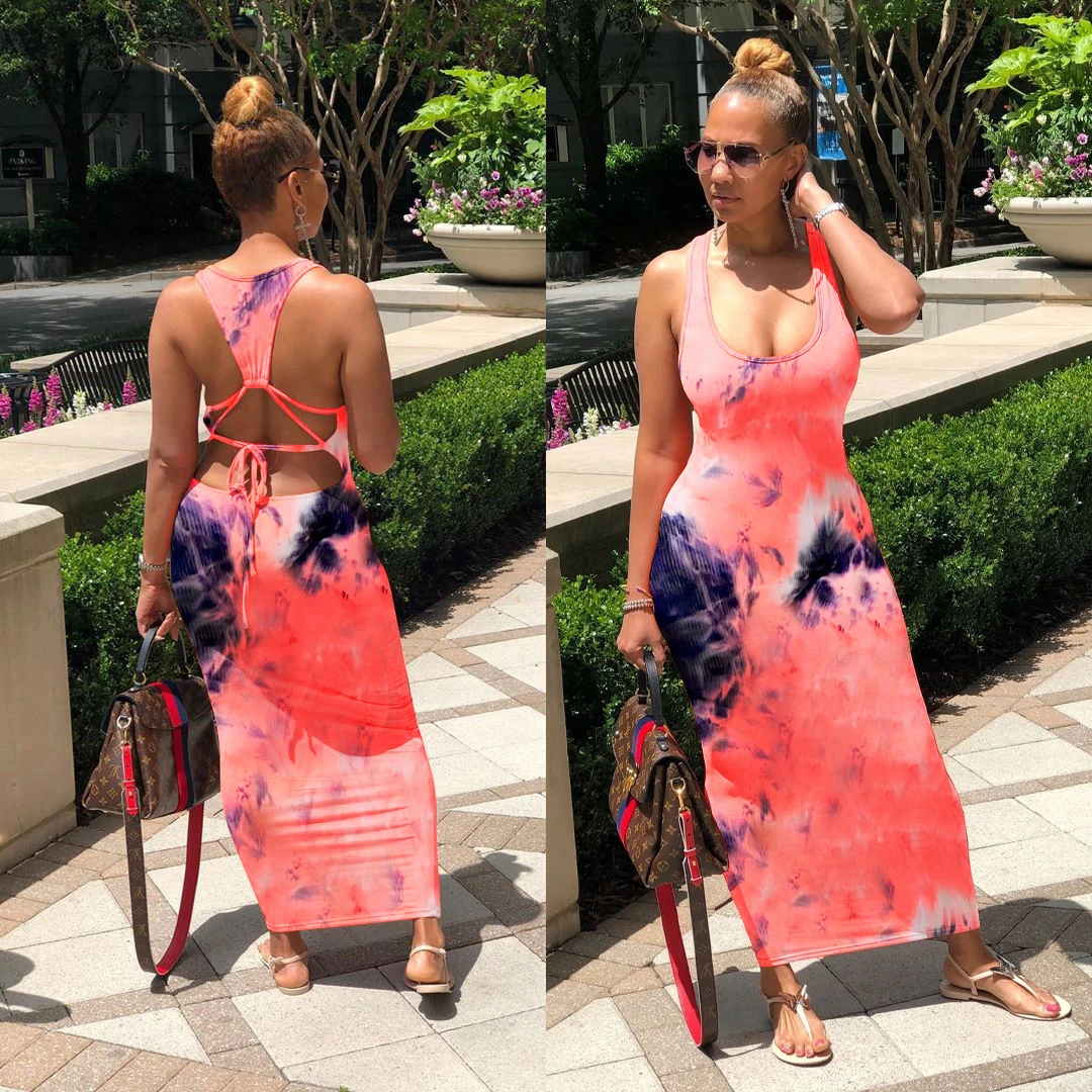 2020 Women Summer Tie Dye Galaxy Print Cross Open Back Sexy Sleeveless Tank Maxi Dress Beach Casual Slim Pencil Long Dresses | Женская