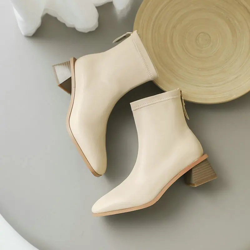 

ESVEVA 2021 Square Med Heel PU Leather Ankle Boots Women Boots Shoes Pointed Toe Platform Zipper Boots Size 34-43