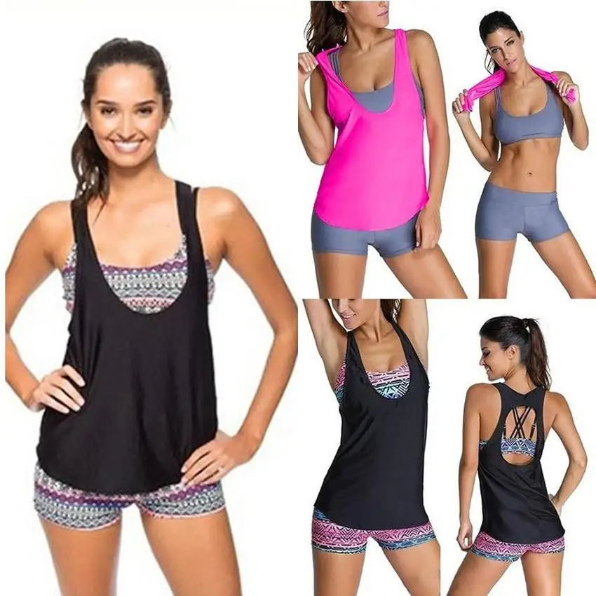 

Women 3Pcs Swimsuit Vintage Printed Sets Pactwork Vest Bathing Suit Plus Size