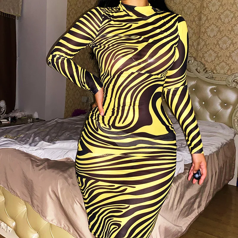 

Women High-waist Long-sleeved Slim Dresses Fashion Leopard Printing Bag-hip Maxi Dress Yellow Striped Thin Temperament Vestidos