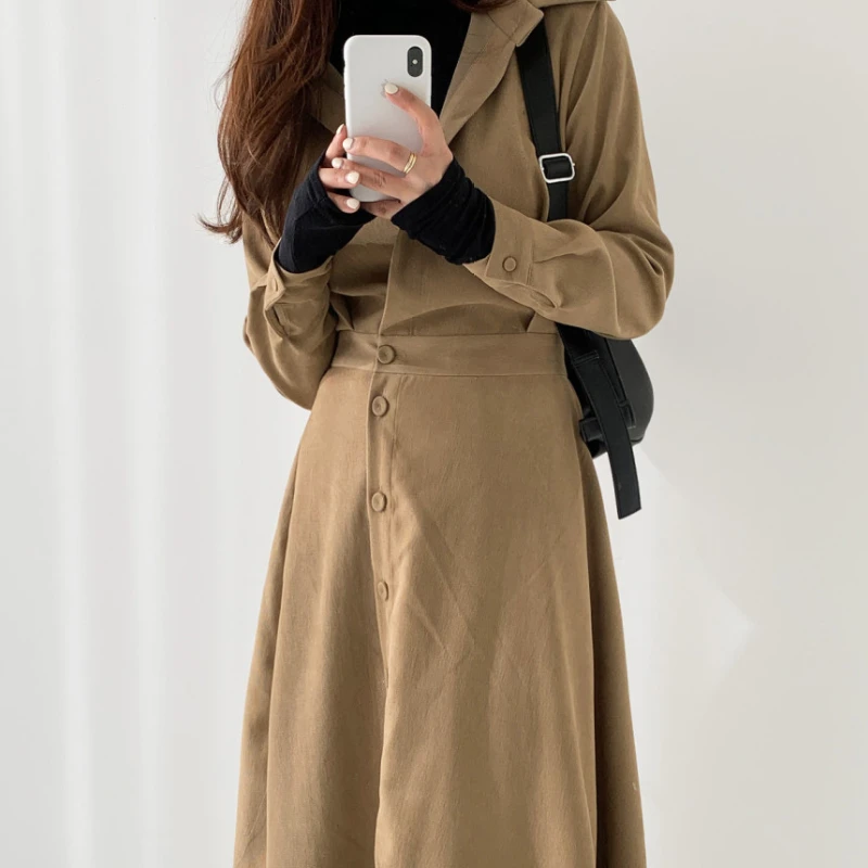 

Spring Women's Dress Elastic Waist Irregular Swing Turndown Collar Long Sleeve Button Black Shirt Office Lady Dress