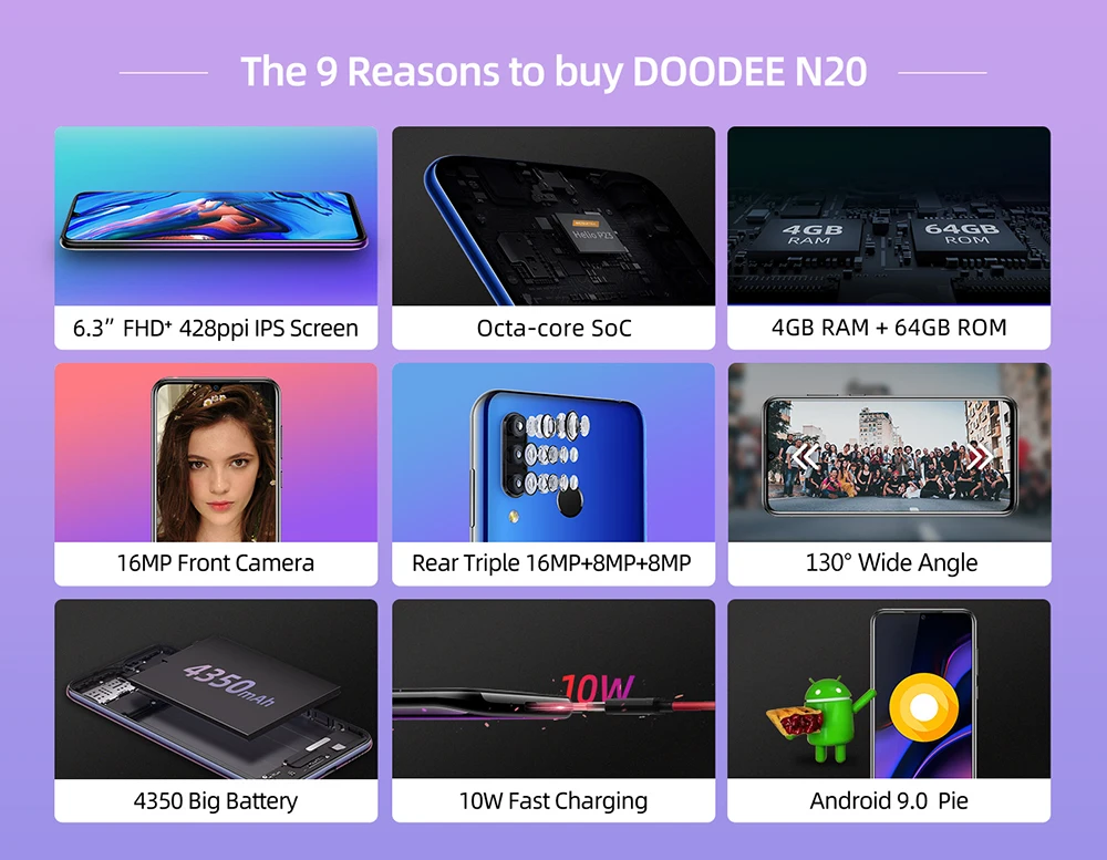 Doogee N20 мобильный телефон 6," экран капли 16 МП Тройная задняя камера 4350 мАч 4 Гб+ 64 Гб Восьмиядерный 10 Вт Зарядка 4G смартфон