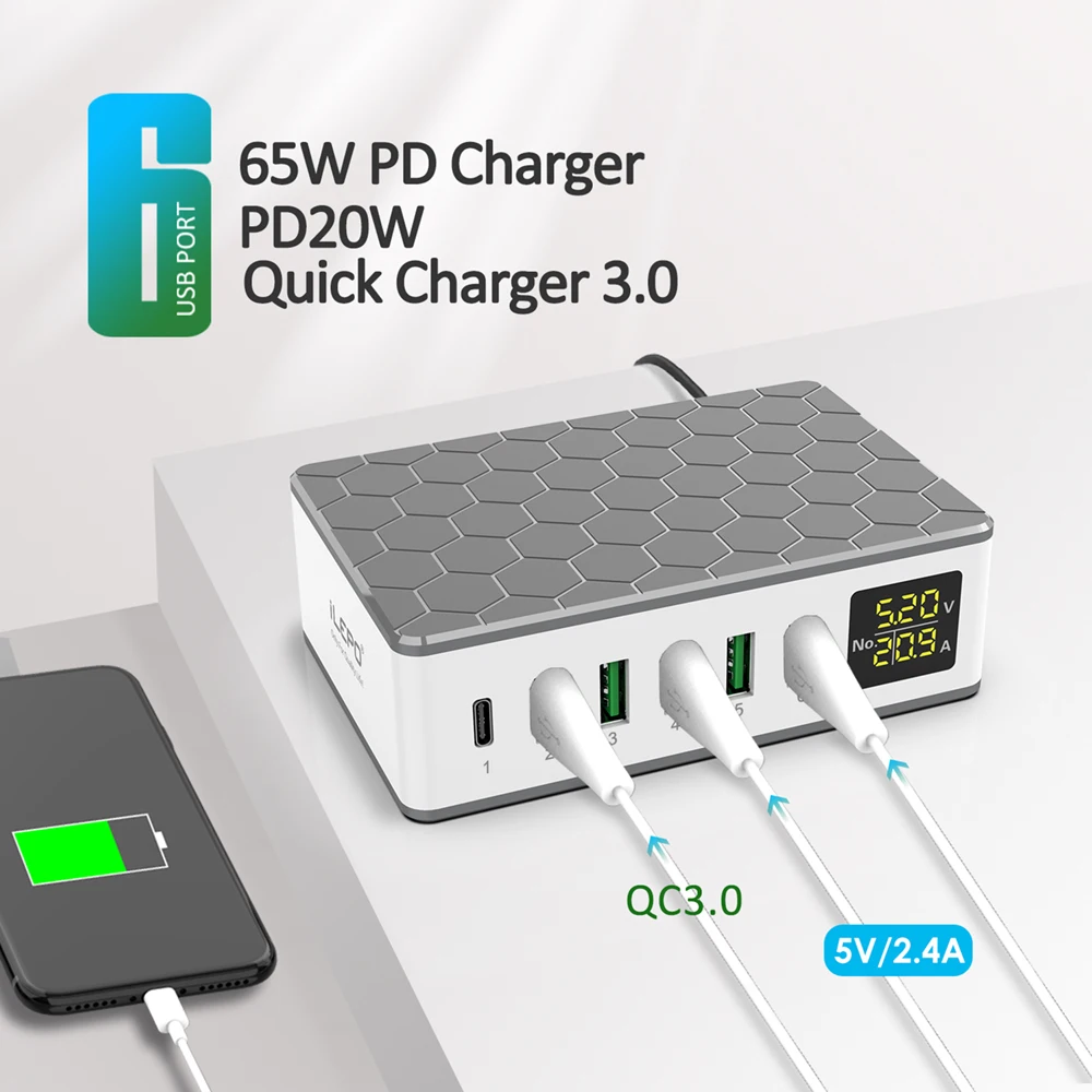Фото Зарядное устройство iLEPO 65 Вт PD для iPhone 12 11 Pro QC3.0 6 портов USB зарядная станция Samsung Sony Зарядное устройство iLEPO 65 Вт PD для iPhone 12 11 Pro QC3.0 6 портов USB зарядная станция Samsung Sony