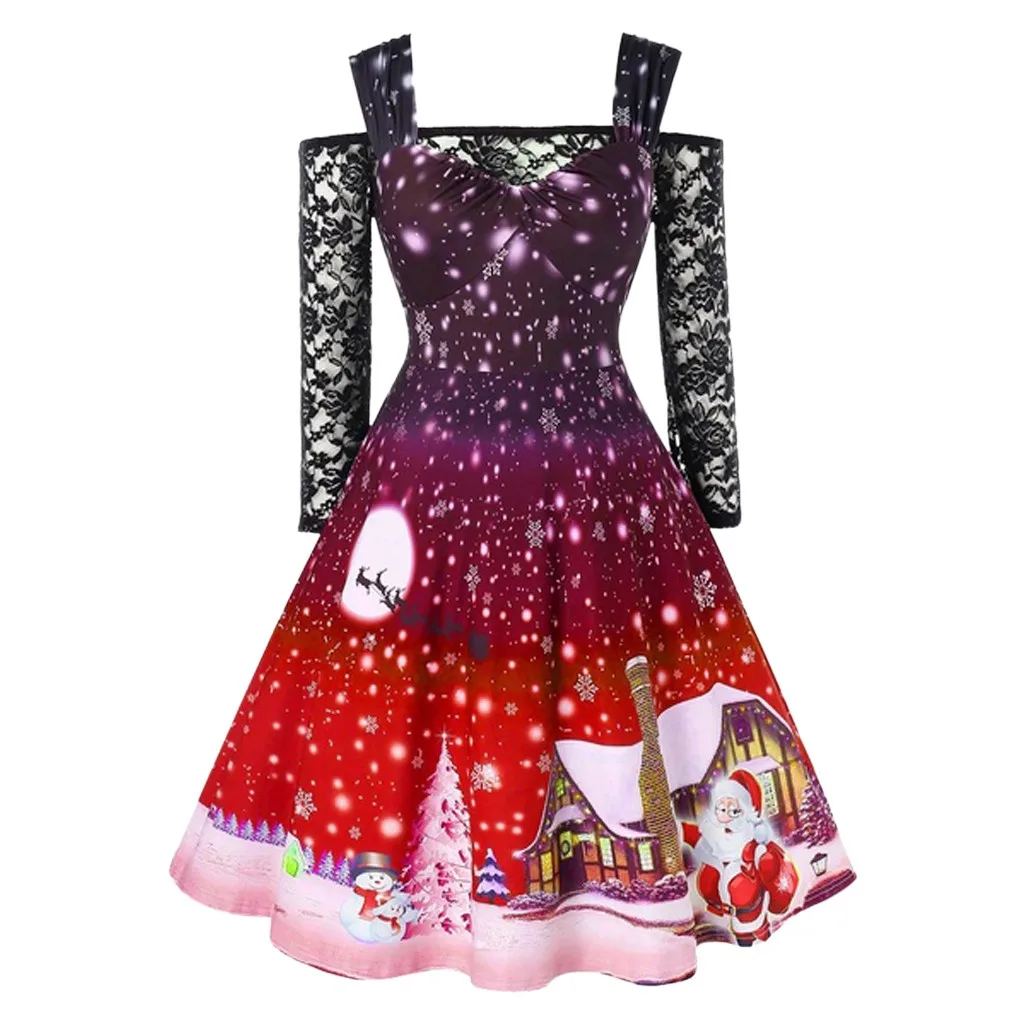 Red Vestidos ropa mujer, рождественское платье, женская Кружевная футболка с открытыми плечами, лоскутное рождественское платье с принтом, винтажное праздничное платье roupa - Цвет: Red