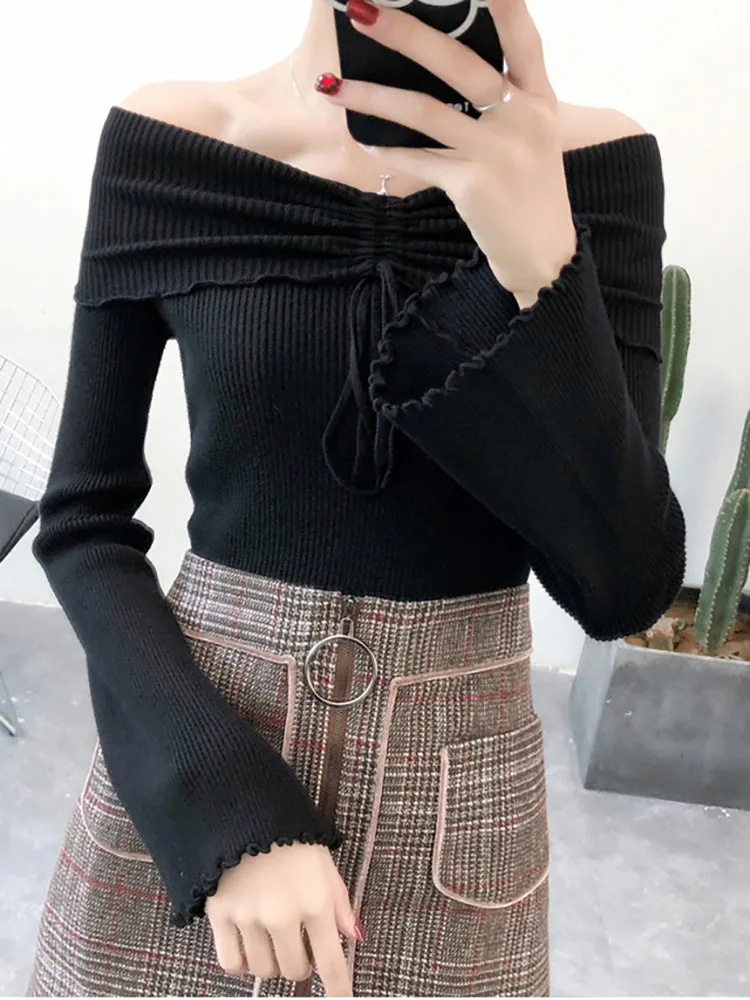 Осень зима 2020 новая Корейская рубашка с одним словом воротником на плече рукавом