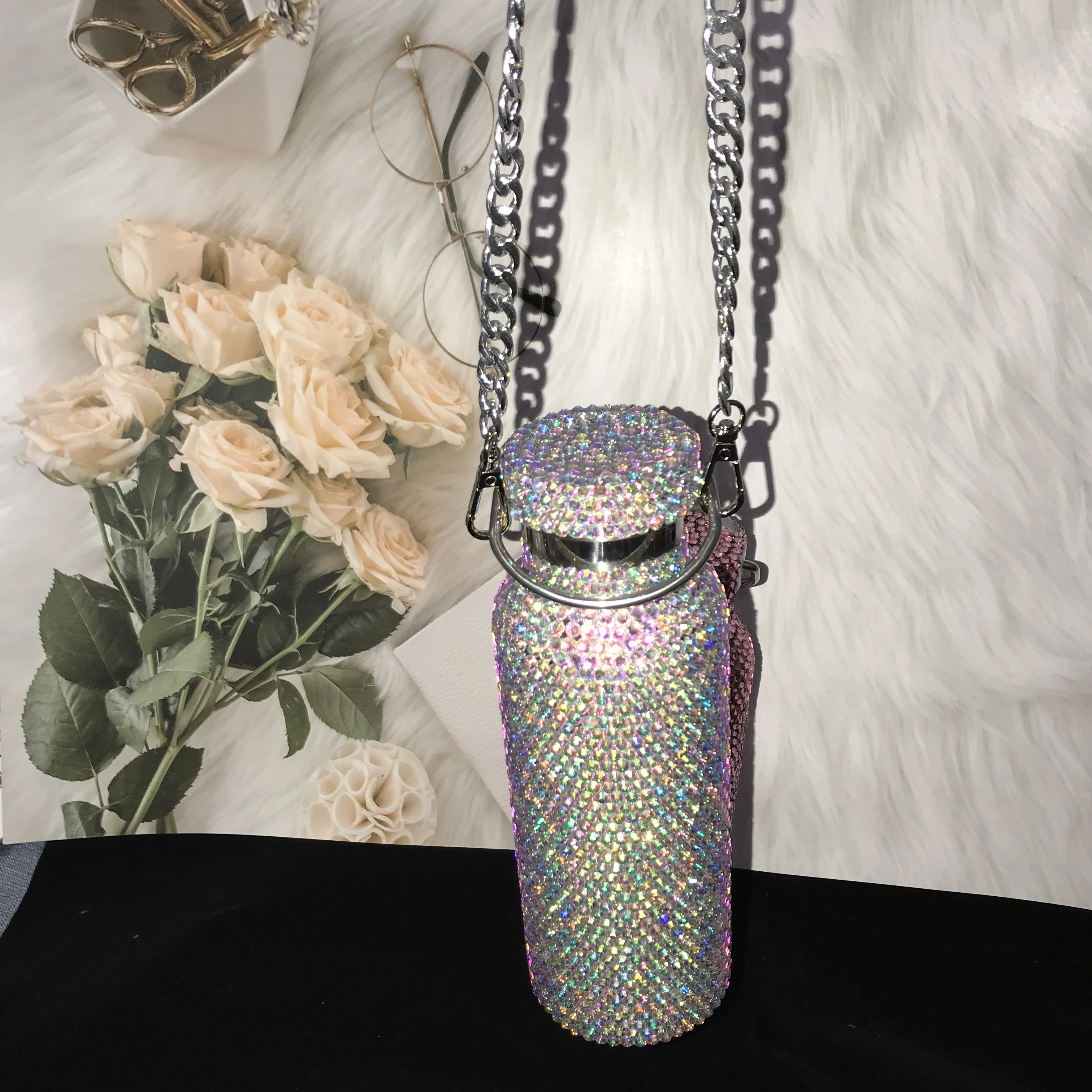 Цветной Алмазный термос с цепочкой на плечо бутылка для воды из нержавеющей