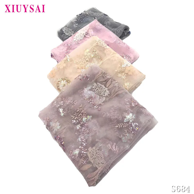 

2020 Baby Pink New Design African Lace Fabric High Quality French Beads Embroidered Tulle Lace Fabric with Sequins beads SL684