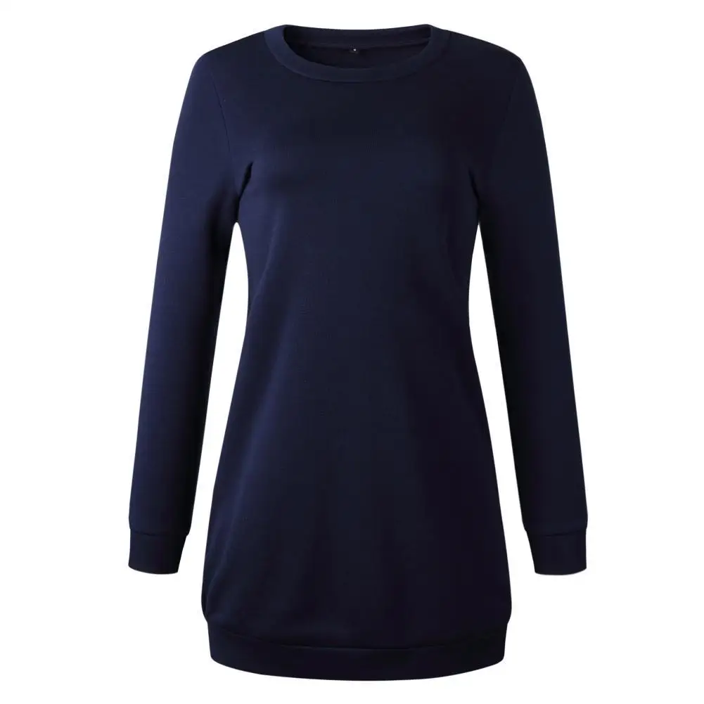 

Women Autumn Sweatshirt Long Sleeve O-Neck Knee-Length Dress Fashion Solid Color Thick Plush Loose Casual Dress