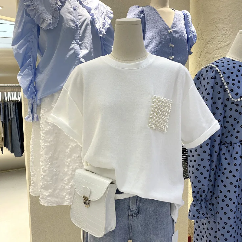 Однотонная летняя Корейская женская футболка 2022 топы с жемчужинами и карманами