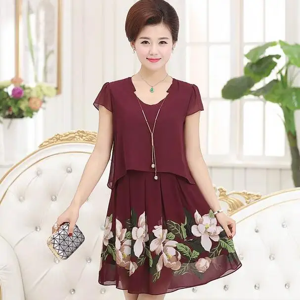 Летняя мода женщин среднего возраста поддельные из двух частей шифоновое платье