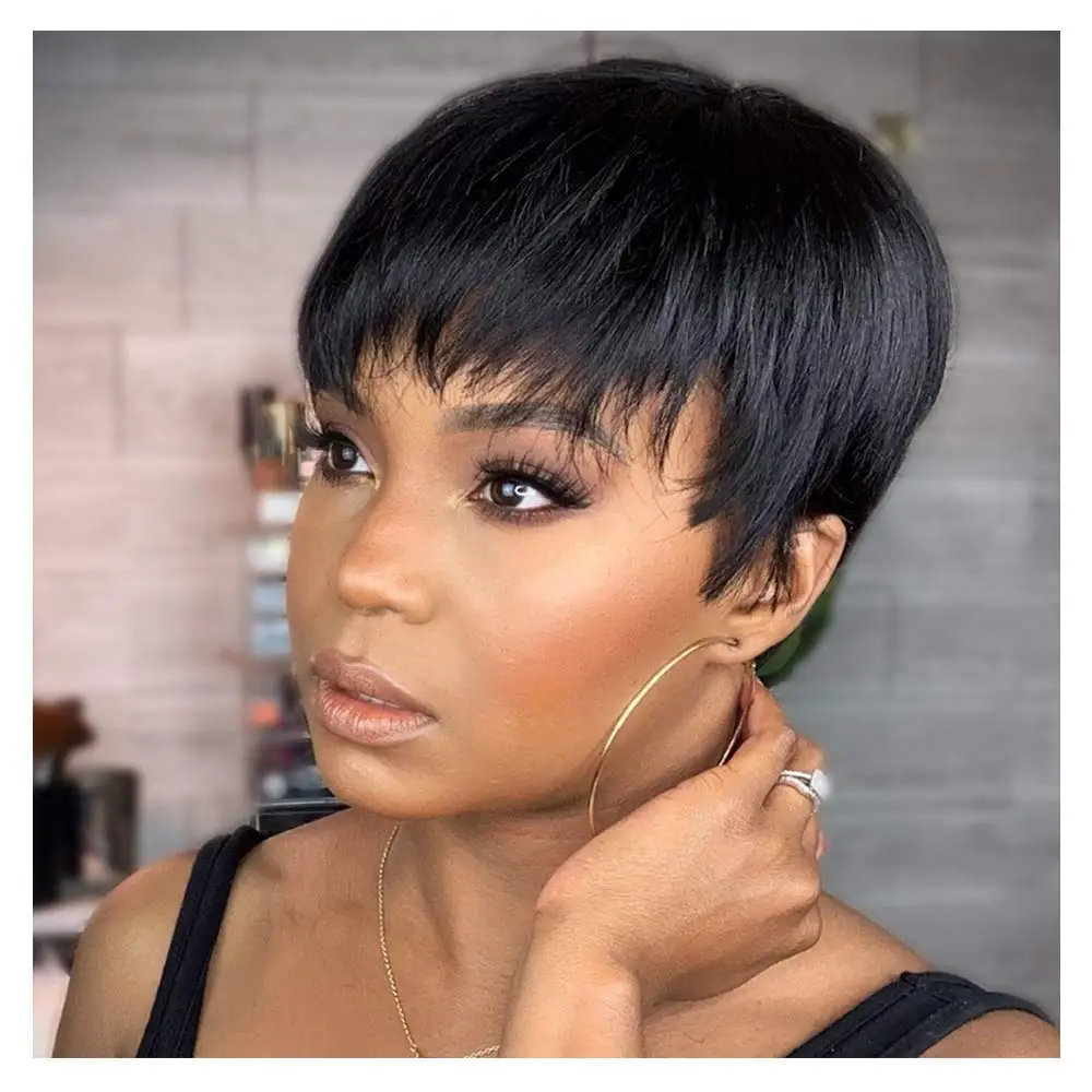

Angelbella Full Machine Made Wig With Bangs For Young Lady 6 inch Black Color Silk Straight Natural Human Remy Hair Short Wigs