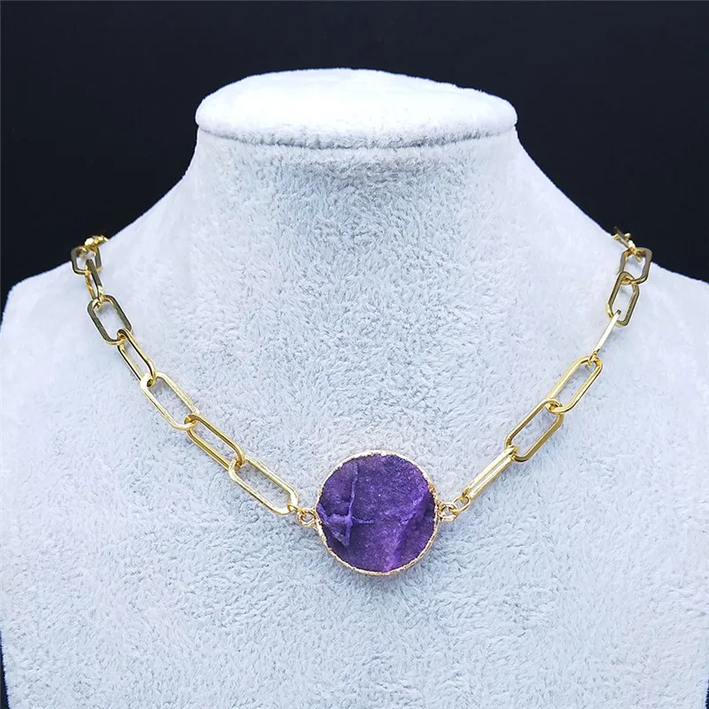 

Stainless Steel Purple Chokers Necklace Women/Men Gold Color Small Necklaces Pendants Jewelry collier femme ras du cou ND56S04