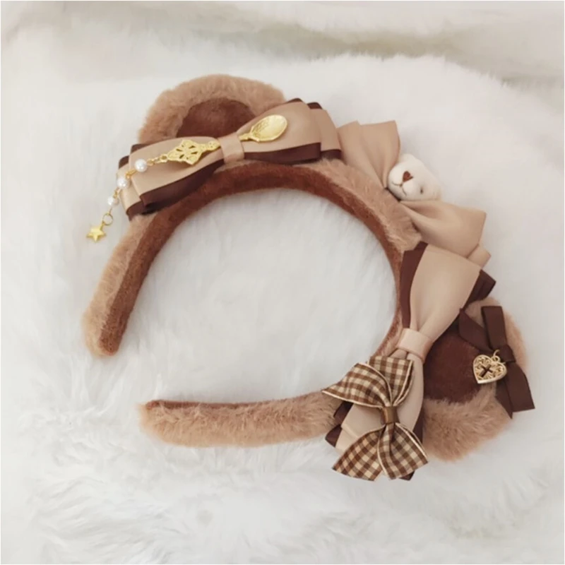 

634C Bear Ear Bowknots Shape Hair Hoop Cute Washing Face Hair Holder Party Headwear