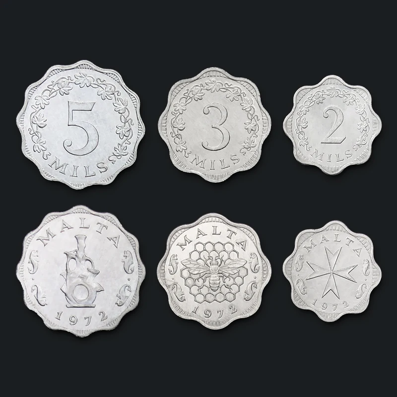 

Набор из 3 монет из алюминия 1972 в форме Мальты, Европейский коллекционный подарок UNC