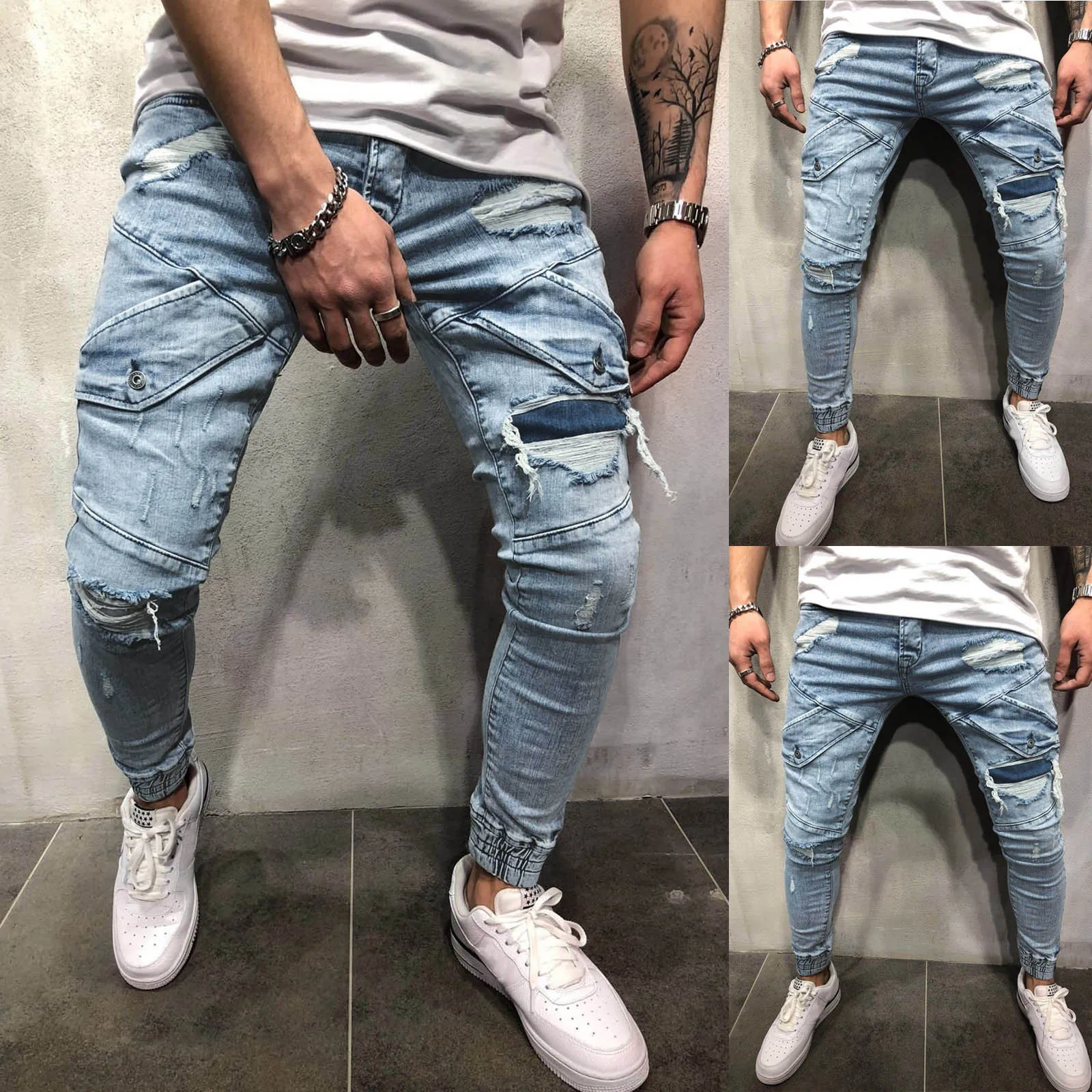 

Mens Casual Fitness Bodybuilding Pocket Skin Full Length Sports Denim Pants Fashion Hip Hop Streetwear Jeans