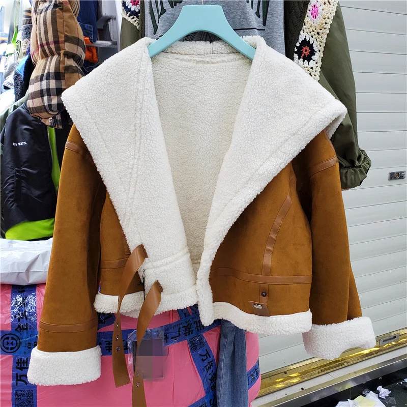 

Korean Women Caramel Color Short Suede Patchwork Faux Lamb Fur Coat Autumn Winter Navy Collar Long Sleeve Female Fur Outerwear