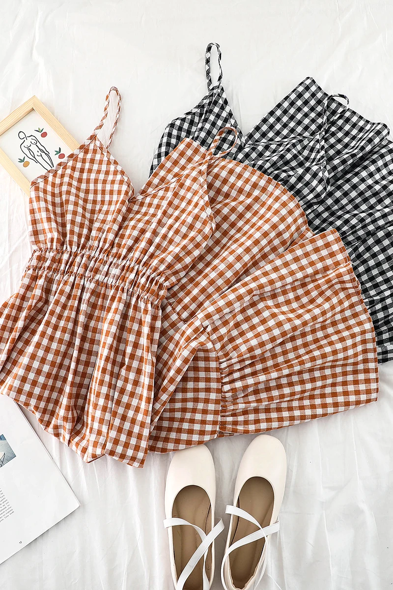 

Japanese plaid small fresh suspender skirt summer was thin and high waist student mid-length girl dress