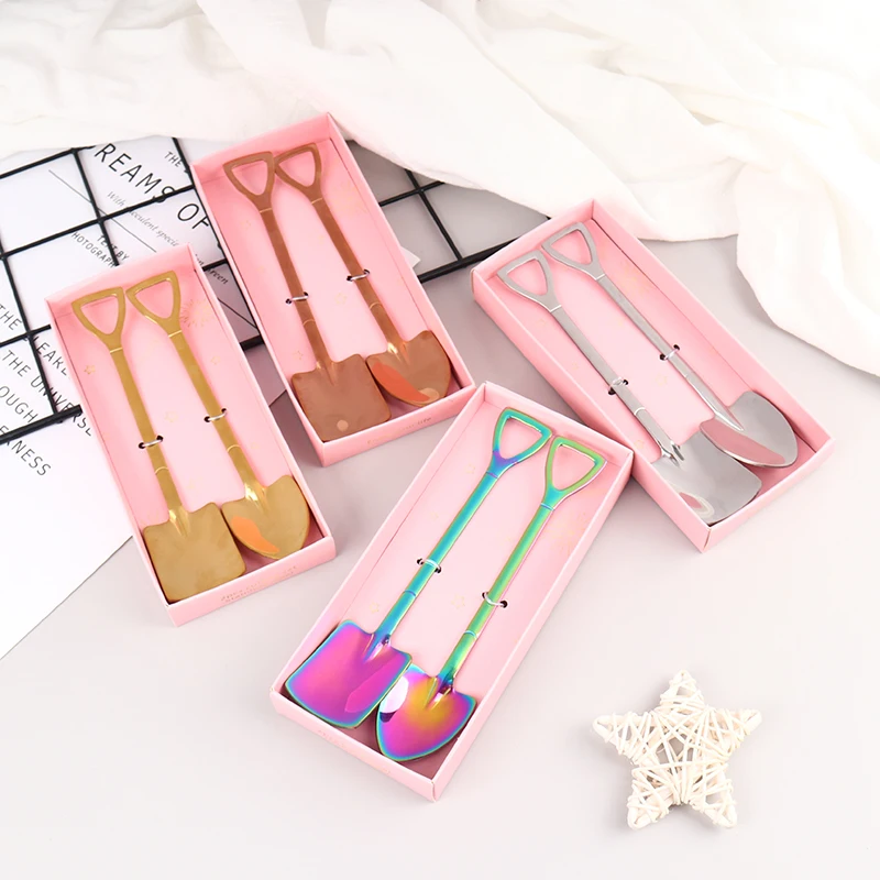 

2Pcs/Set Coffee Spoon Stainless Steel Dessert Spoon Ice Cream Spoon Tip Flat Shovel New Year Gifts