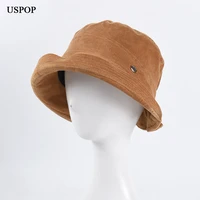 uspop new autumn hat corduroy curling brim hats soft vintage bucket hats solid color sun hats