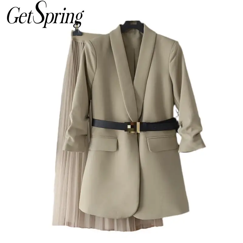 

Getspring Women Set Women Blazer Skirt Sets Vintage Casual Suit Coats Long High Waist Mesh Skirts Plus Size Women Sets 2021