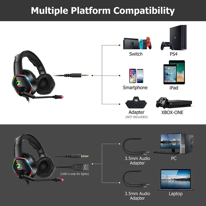 Гарнитура для игр 7.1 Professional Gaming Headset с микрофоном для ПК, Xbox One и геймеров, обеспечивающая окружающий звук и световую подсветку RGB.
