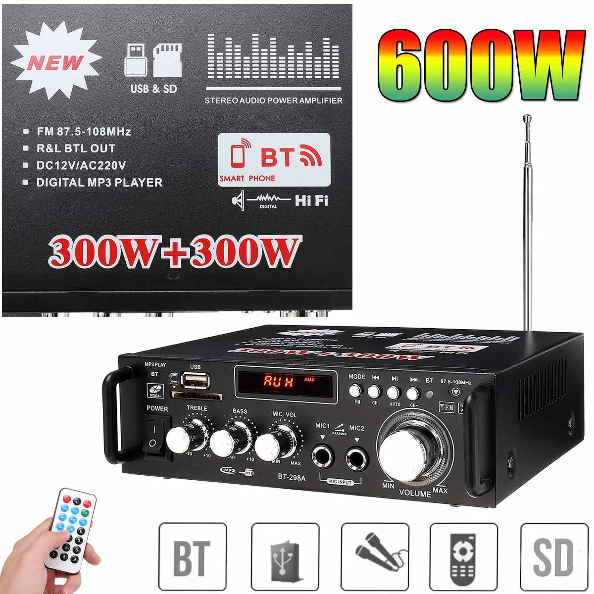 220 В домашний bluetooth усилитель аудио мощности Дистанционное шумоподавление
