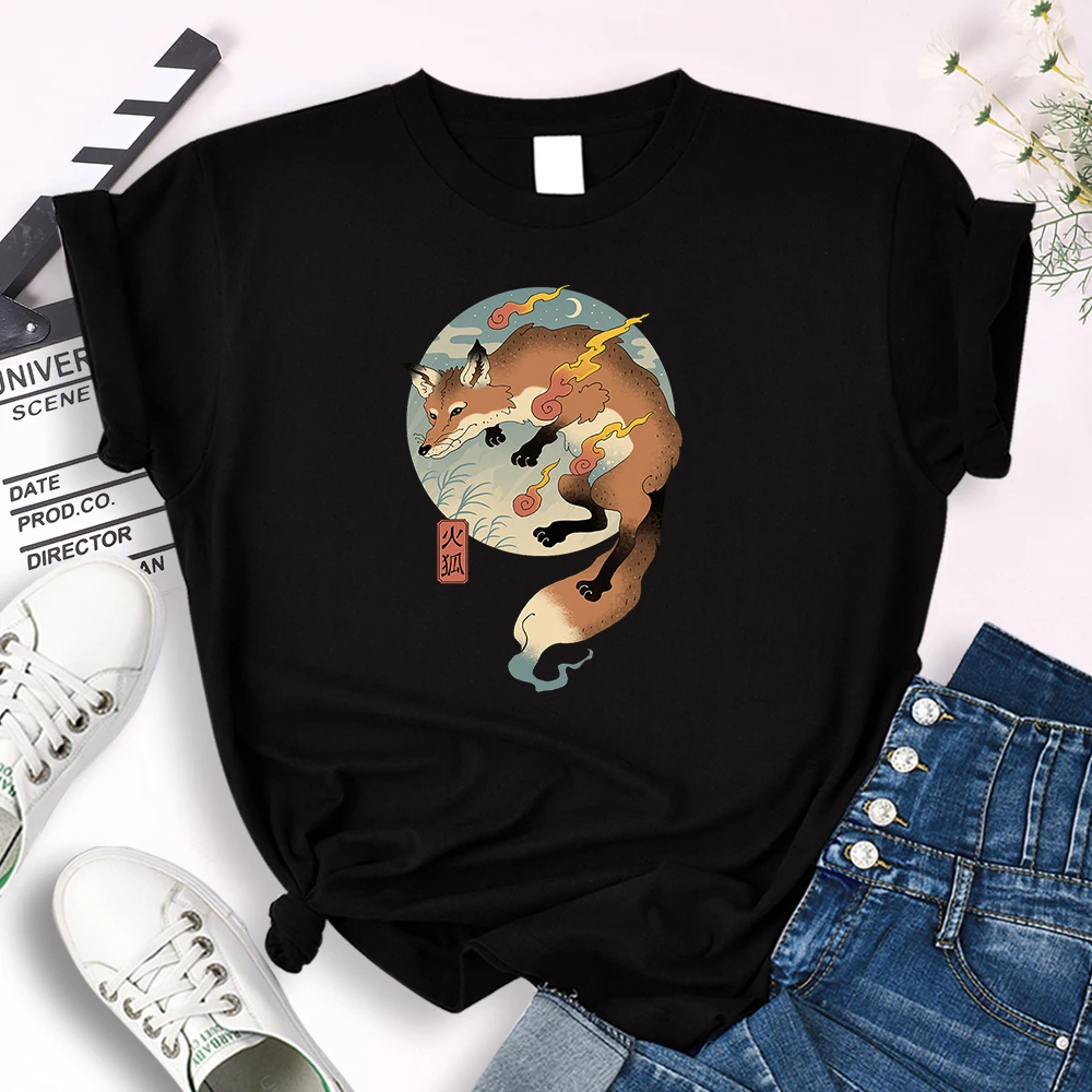 

Females Short Sleeve Firefox In The Sky Animal Print Top Women Summer Oversize Slim Round Neck T Shirt Woman Cozy Breathable Tee