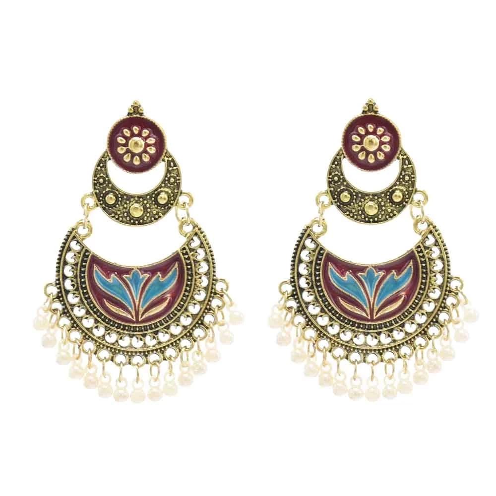 

Vintage Gold Metal Pearl Tassel India Jhumka Drop Earrings For Women Moon Shape Bohemian Ethnic Holiday Party Jewelry Gift