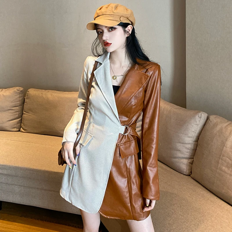 Женское пальто с длинным рукавом и отложным воротником, Офисная длинная куртка из искусственной кожи в Корейском стиле, подходящий цвет, ве... от AliExpress WW
