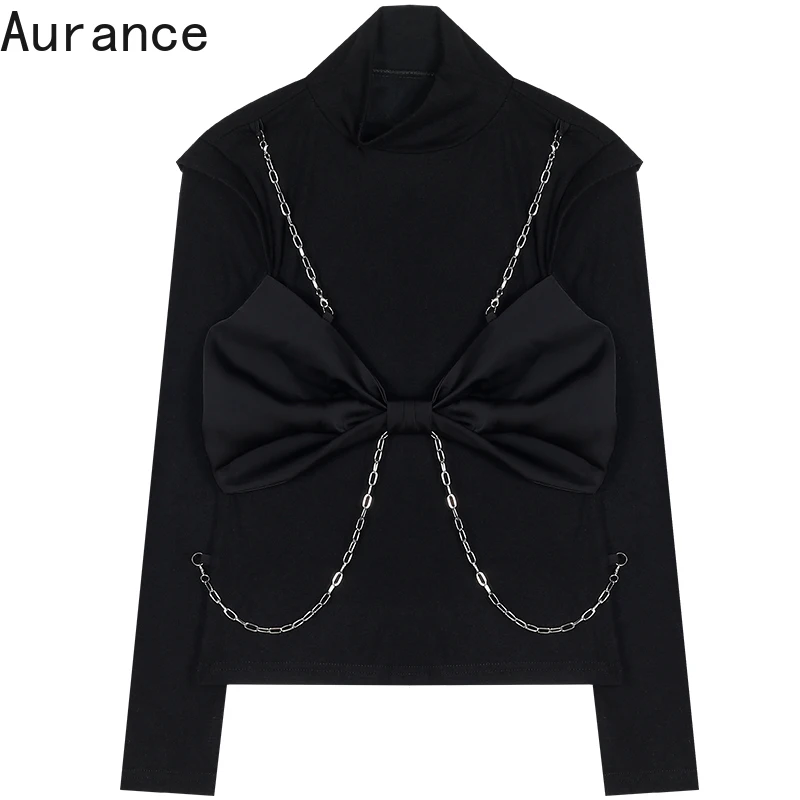 

[Aurance] Women Long Sleeve Loose Bow Metal Chain Decoration Blouse New Half High Collar Shirt Fashion Spring Autumn Tops 2021