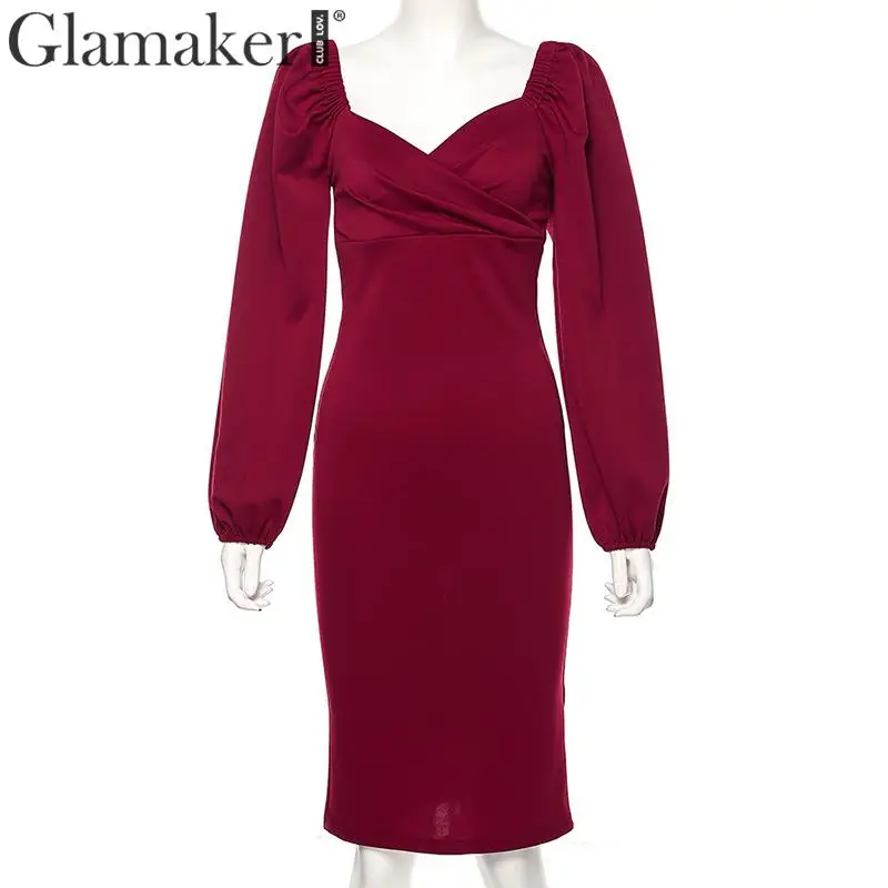 Glamaker винтажное платье с v-образным вырезом и пышными рукавами, облегающее платье с длинным рукавом, элегантное женское платье осень-зима, женские вечерние платья, сексуальное длинное платье